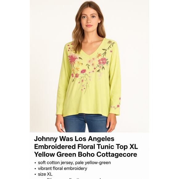 Johnny Was Los Angeles XL Embroidered Floral Tunic Top Yellow Green Cotton Boho - Picture 1 of 9